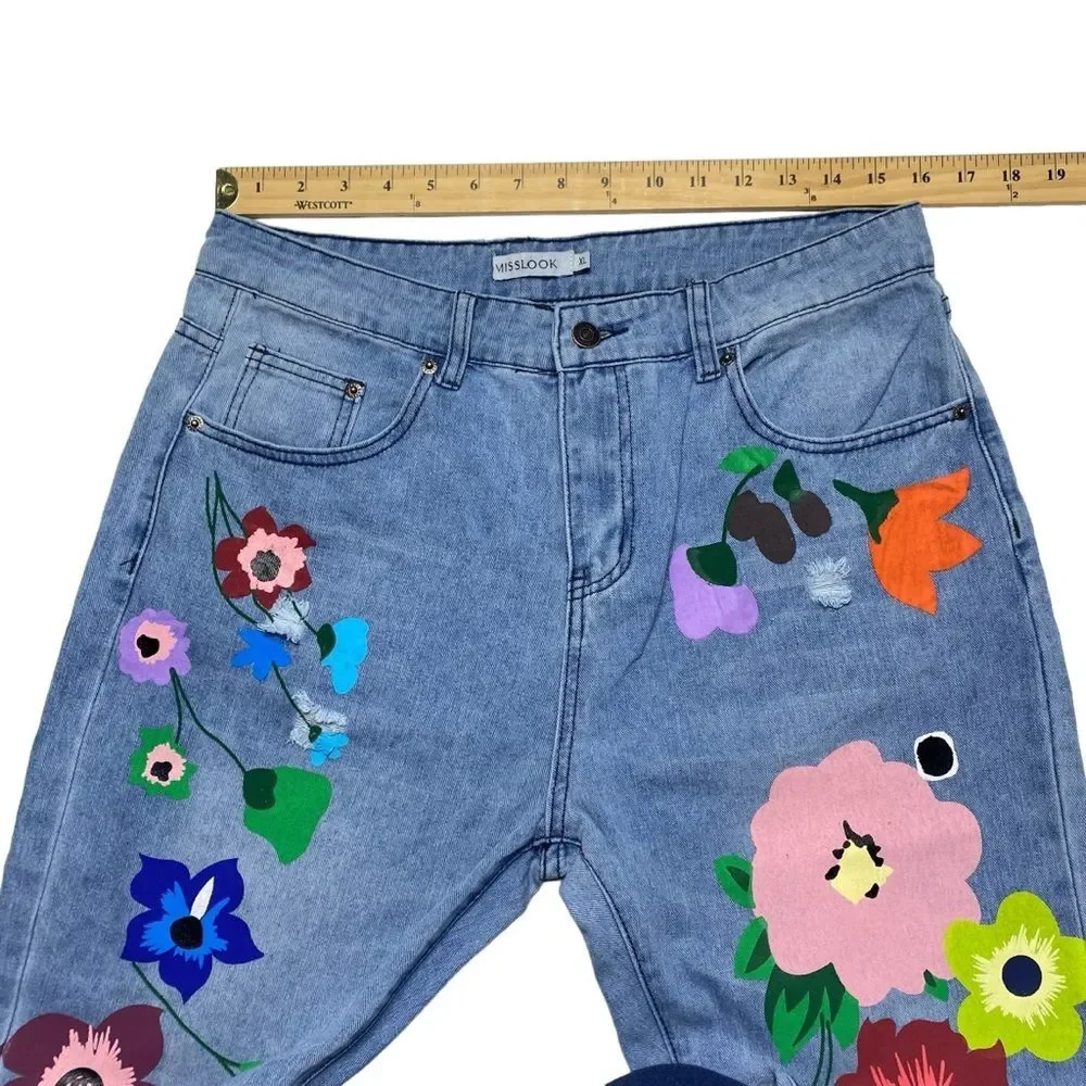 MISSLOOK Flower Power Bohemian Painted Jeans Floral Hippie Blue Sz XL - Picture 4 of 10